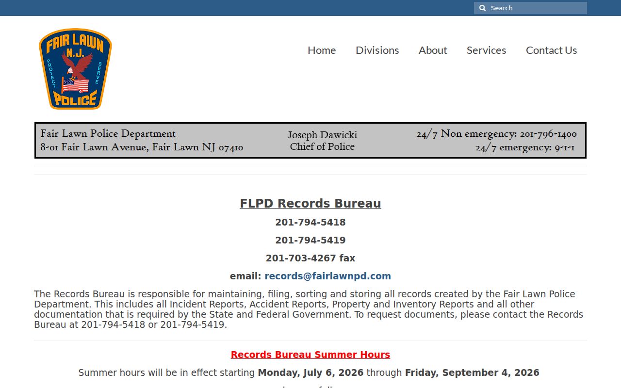 Fair Lawn criminal history Police Records Bureau access