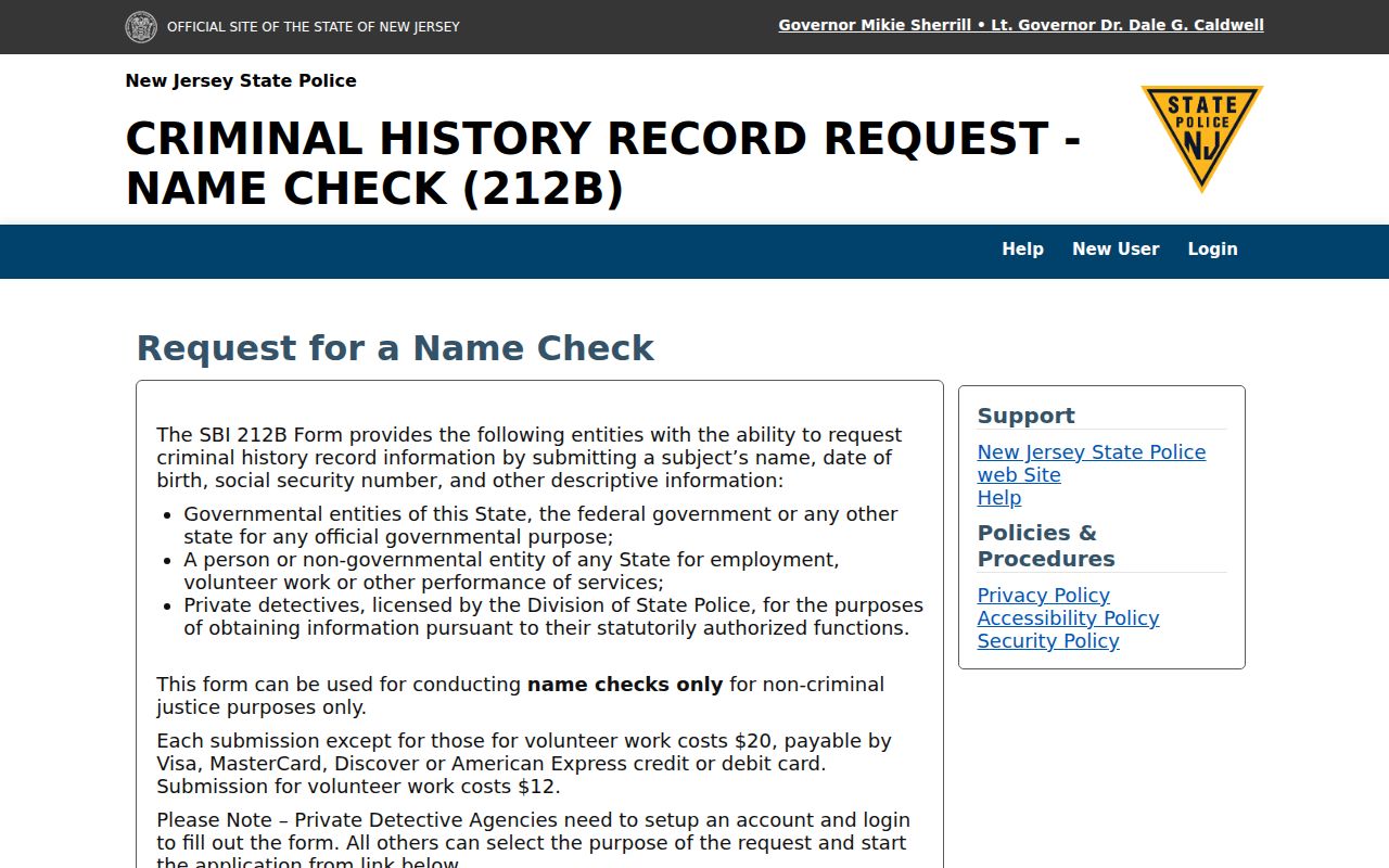 Bergen County criminal history SBI 212B request portal