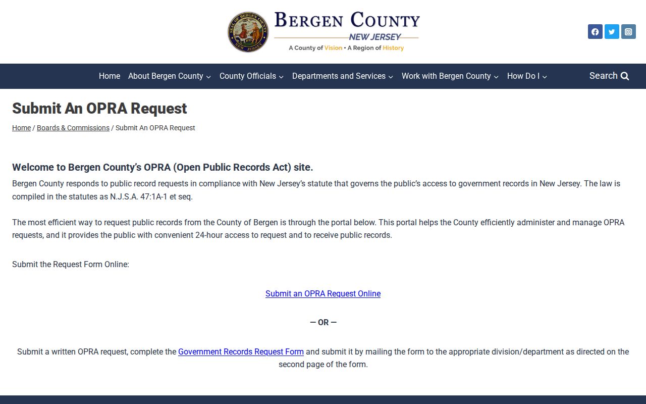 Bergen County criminal records OPRA request portal